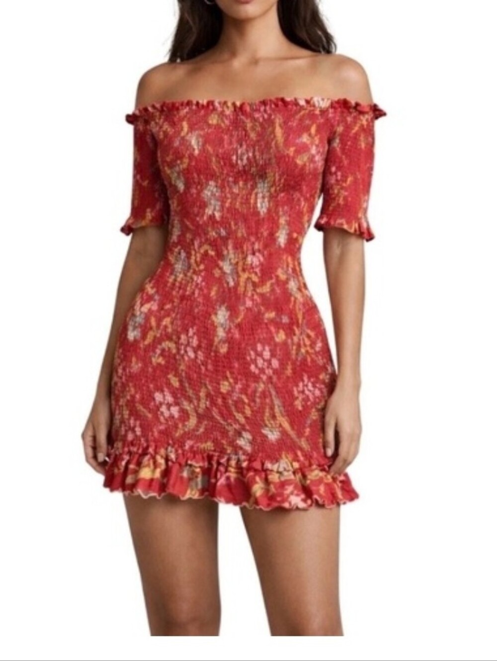 Off-Shoulder Floral Midi Dress in Deep Red